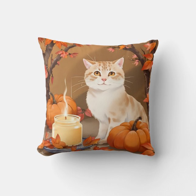 Coussin Cozy Autumn Cat & Pumpkin Spice Neutral Colors (Recto)