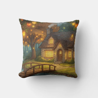 Coussin Cozy Glowing Cottage Forest Throw Pillow