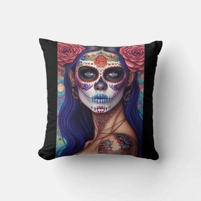 Coussin Crâne à sucre - Roses et révélations (Recto)