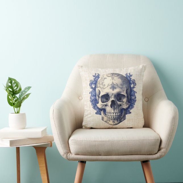 Coussin Crâne avec fleurs bleues Burlap Halloween (Chaise)