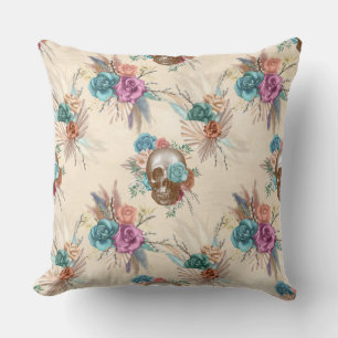 Coussin Crâne Boho avec fleurs