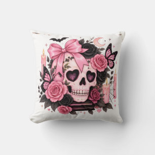 Coussin Crâne Coquette Gothique Ruban Rose Halloween