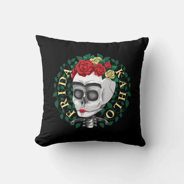 Coussin Crâne de Frida Kahlo | avec la couronne rose (Recto)