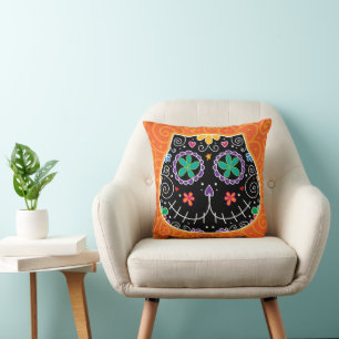 Coussin Crâne de sucre Chat noir DAy des morts