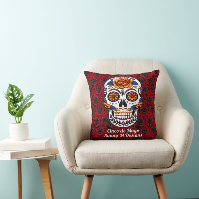 Coussin Crâne de sucre Cinco de Mayo Nom floral rouge (Chaise)