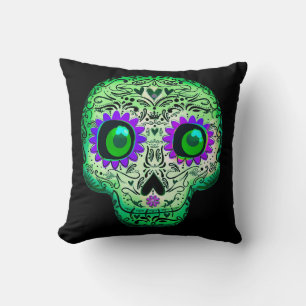 Coussin Crâne de sucre noir illuminé vert et violet Hallow