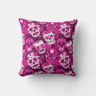 Coussin Crâne de sucre rose motif ornemental floral