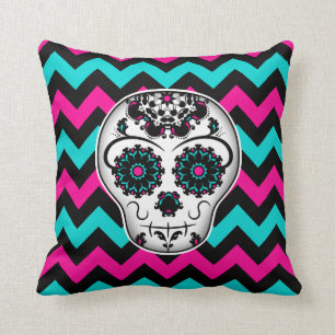 Coussin Crâne de sucre sur le motif de rayures de chevron