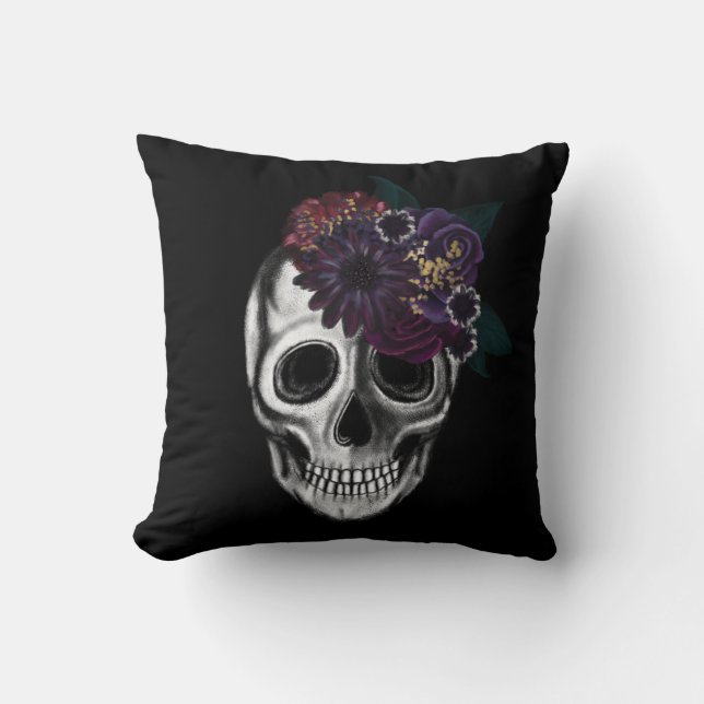 Coussin Crâne d'Halloween floral Black & Gold (Recto)