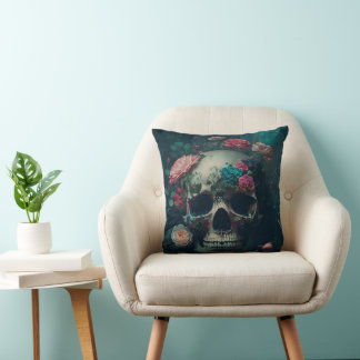 Coussin Crâne et motif de roses décoratives