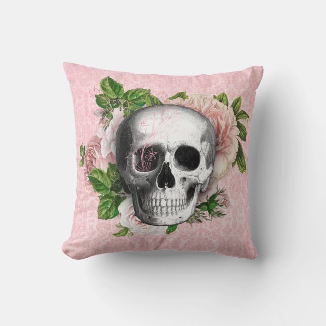 Coussin Crâne gothique aux roses roses roses | réversible (Recto)