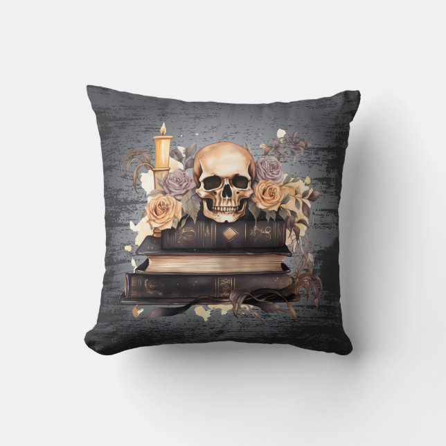 Coussin Crâne gris et or Roses noir Halloween (Recto)