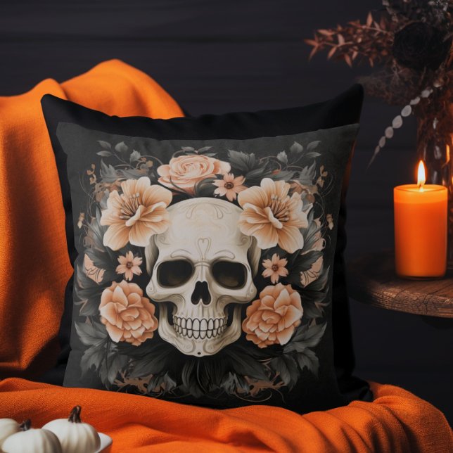 Coussin Crâne vintage d'Halloween (Elegant Vintage Halloween Throw Pillow)