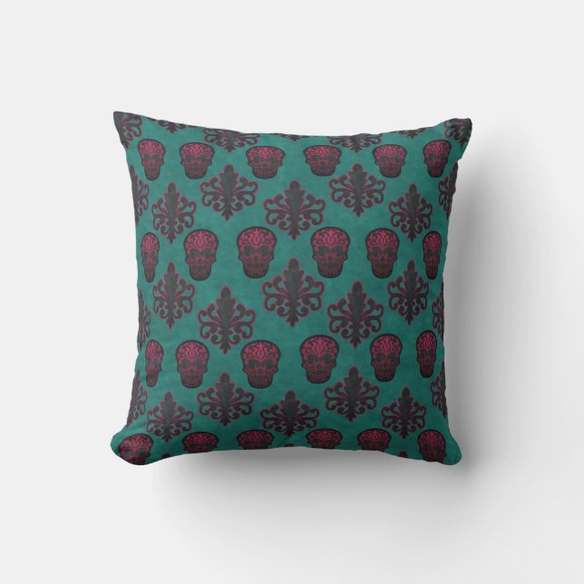 Coussin Crânes de damassé de roses indien sur Teal (Recto)