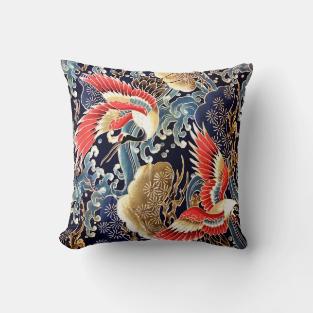 Coussin CRANES DE VOL, VAGUES, FLEURS DE PRINTEMPS Japonai (Recto)