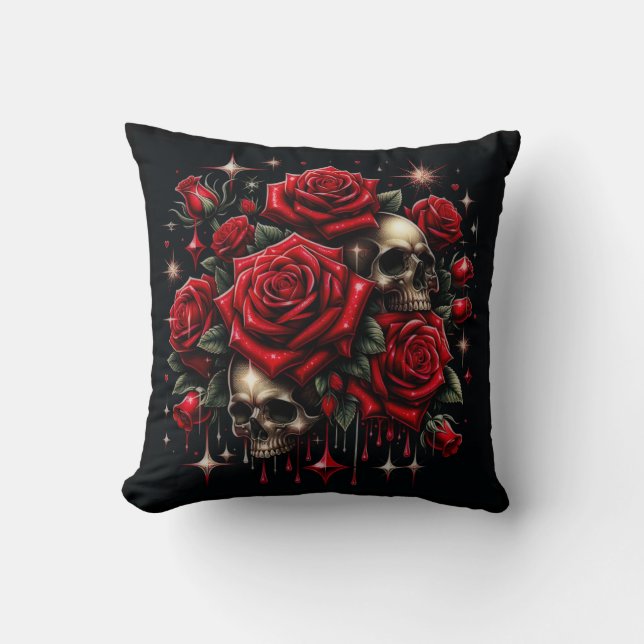 Coussin Crânes d'or et roses rouges étincelante gothique (Recto)