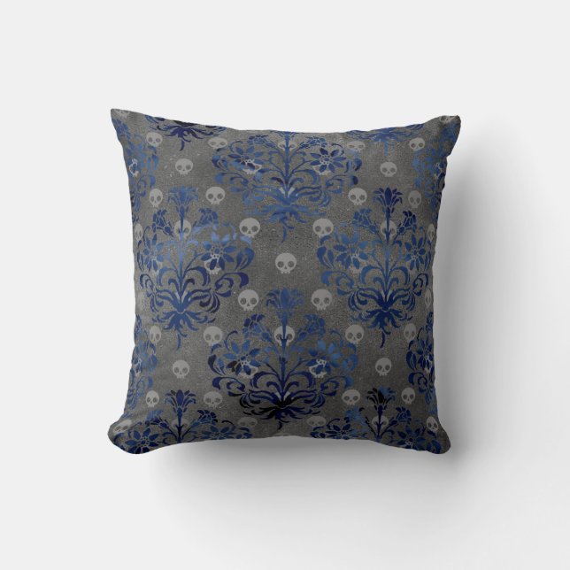 Coussin Crânes et Damas bleus sur gris (Recto)