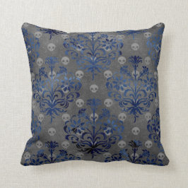 Coussin Crânes et Damas bleus sur gris