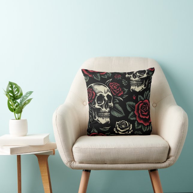 Coussin Crânes et roses rouges Floral gothique (Chaise)