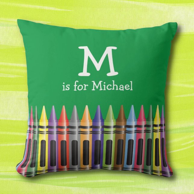 Coussin Crayons Kids Green Monogramme Nom Motif (Créateur téléchargé)