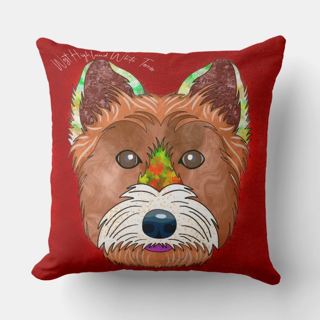 Coussin Crazy West Highland White Terrier peint à la main (Recto)