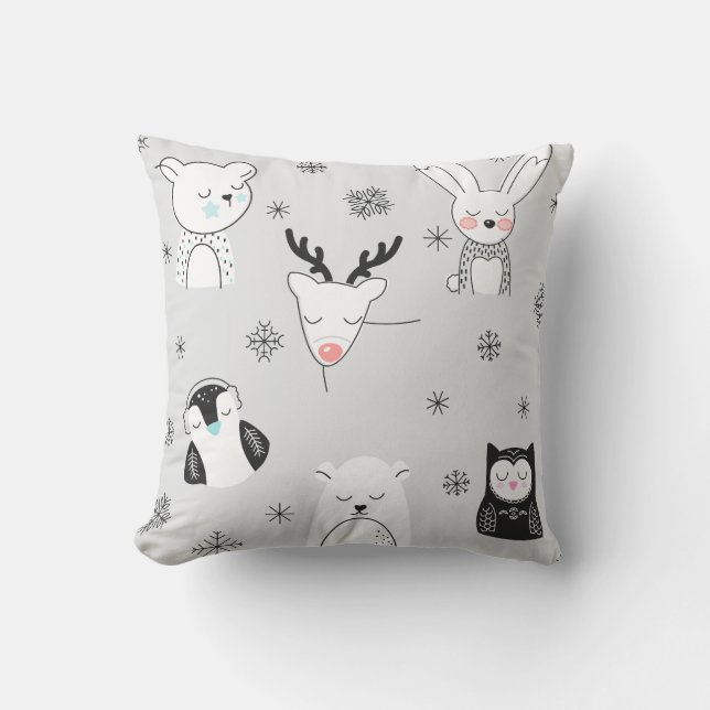 Coussin Créez vos propres animaux de forêt gris et blanc (Recto)