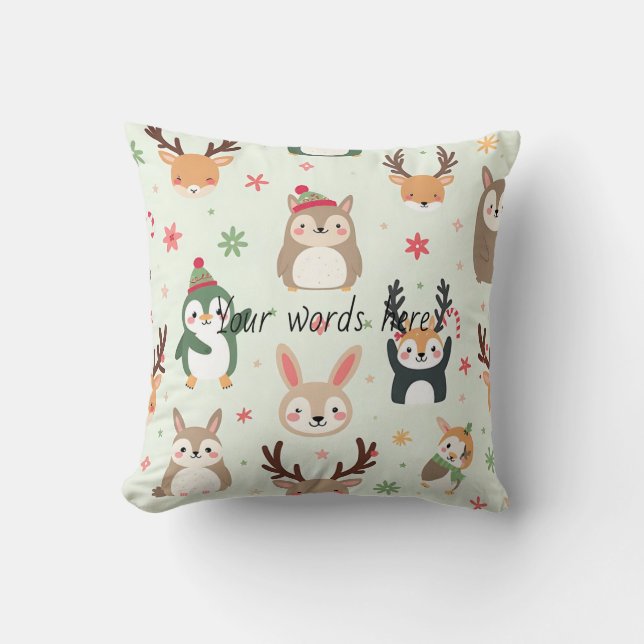 Coussin Créez vos propres animaux de Noël Kawaii verts (Recto)