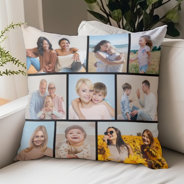 Coussin Créez votre propre collection de photos 9 (Create Your Own 9 Photo Collage Throw Pillow)