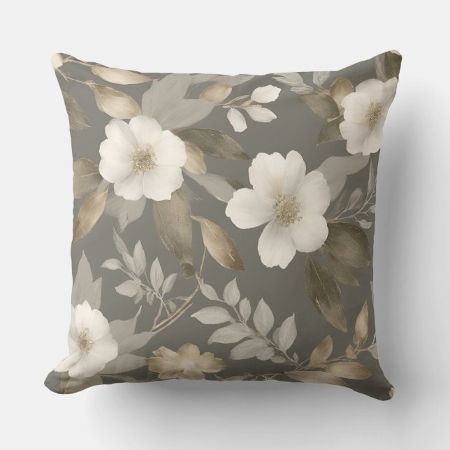 Coussin Crème beige gris neutre Farmhouse moderne Floral (Recto)