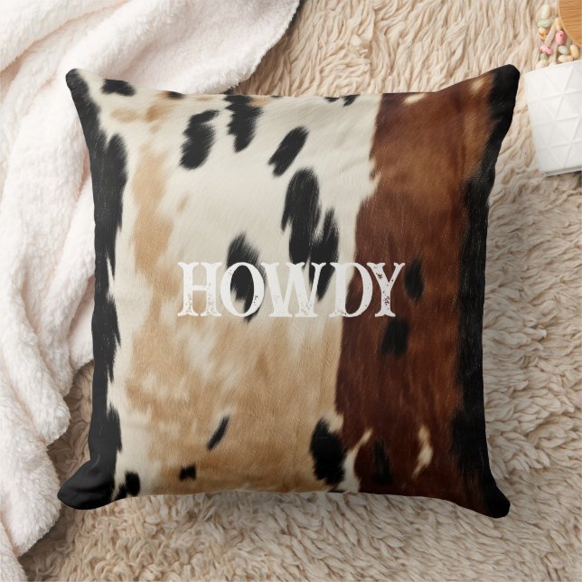Coussin Crème Brown Cowhide Howdy (Couverture)
