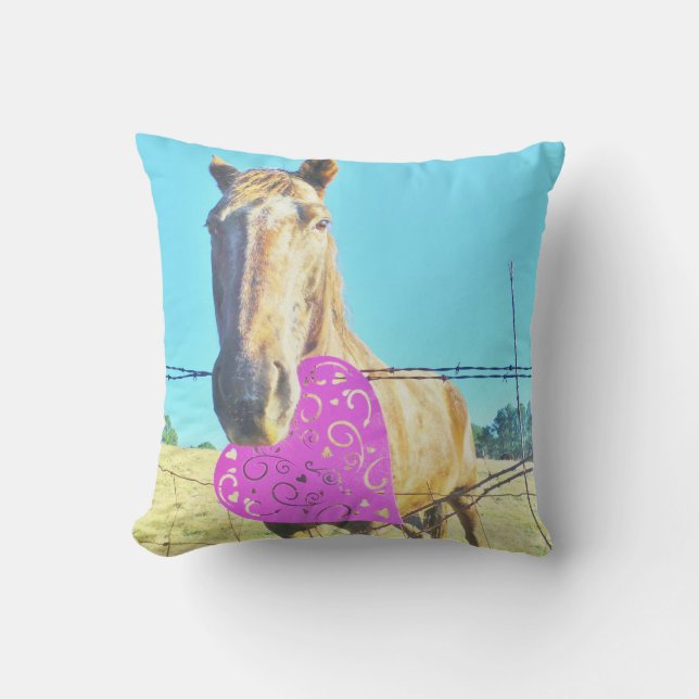 Coussin Crème Cheval & Coeur Rose et bleu (Recto)