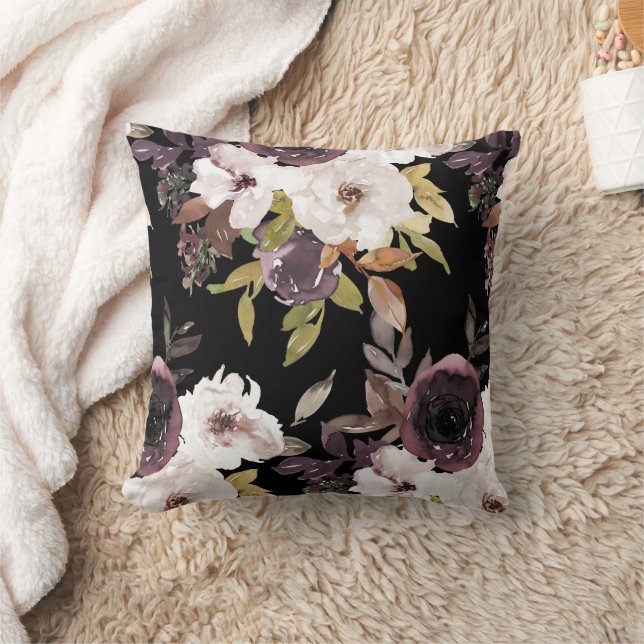 Coussin Crème de marsala bordeaux Aquarelle Florale Noir (Couverture)