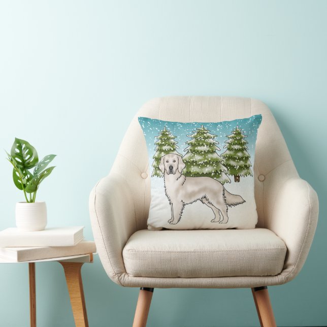 Coussin Crème Golden Retriever Bleu hiver Noël (Chaise)