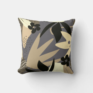 Coussin Crème gris et noir, feuilles artistiques abstraite