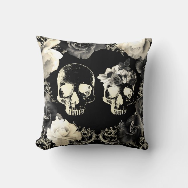 Coussin Crème noire Gris Squelette Crâne Gothique Glam (Recto)