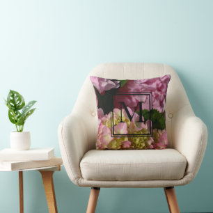Coussin Crème rose Hydrangeas jaune rose vert floral