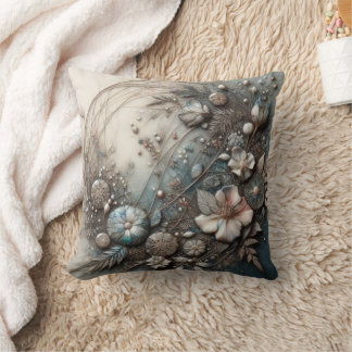 Coussin Crème sarcelle 3D sculptural botanique floral