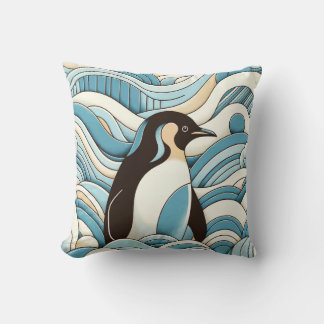 Coussin Crêpe Bleue Ciel Vagues Océaniques Et Pingouin Cut