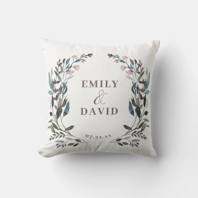 Coussin Crest jardin | Noms de Mariage Floral Bleu Blanc (Recto)