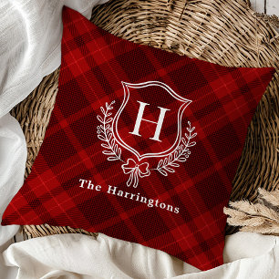 Coussin Crête de monogramme d'hiver à plis rouge initiale