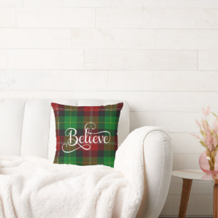 Coussin Croire Décoratif Écriture Blanche Tartan Rouge Ver