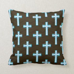 Coussin Croix bleu ciel sur Chevron Brown