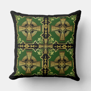 Coussin Croix celtique irlandaise/croix noire/or/verte