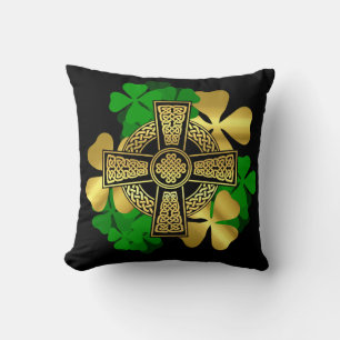 Coussin Croix celtique irlandaise/or/trèfle vert shamrock