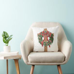 Coussin Croix de Noël en bois chrétienne avec couronne de