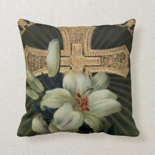 Coussin Croix d'or chrétienne Pâques Lily