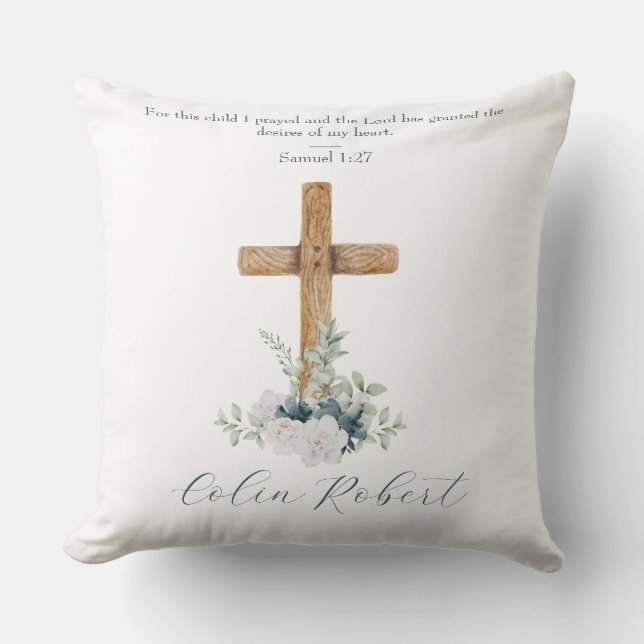 Coussin Croix du bois Fleurs blanches et bleues Bible Vers (Recto)