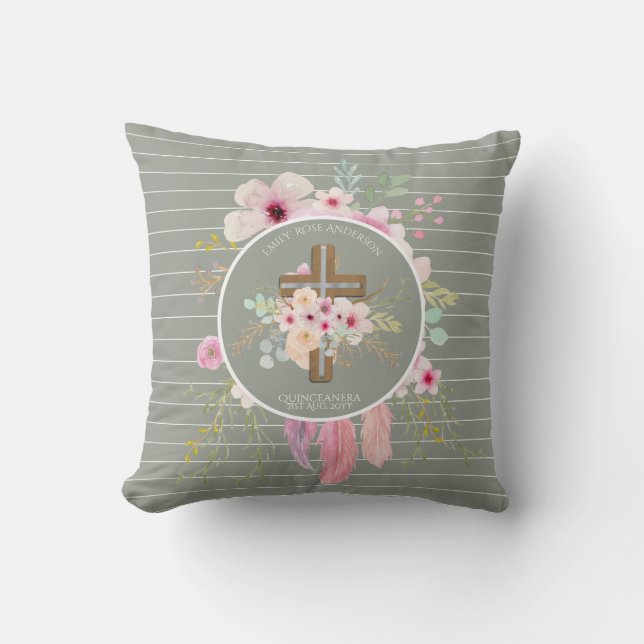 Coussin Croix florale catholique QUINCEANERA Personnalisée (Recto)