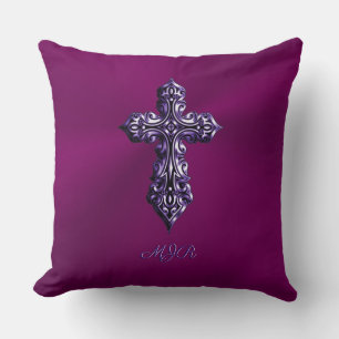 Coussin Croix gothique à l'apparence bossée en violet avec