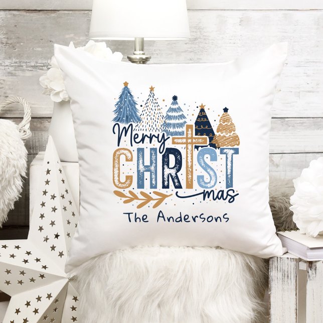 Coussin Croix moderne bleue Christian Jésus Nom de Noël (Blue Modern Cross Christian Jesus Christmas Name Throw Pillow)